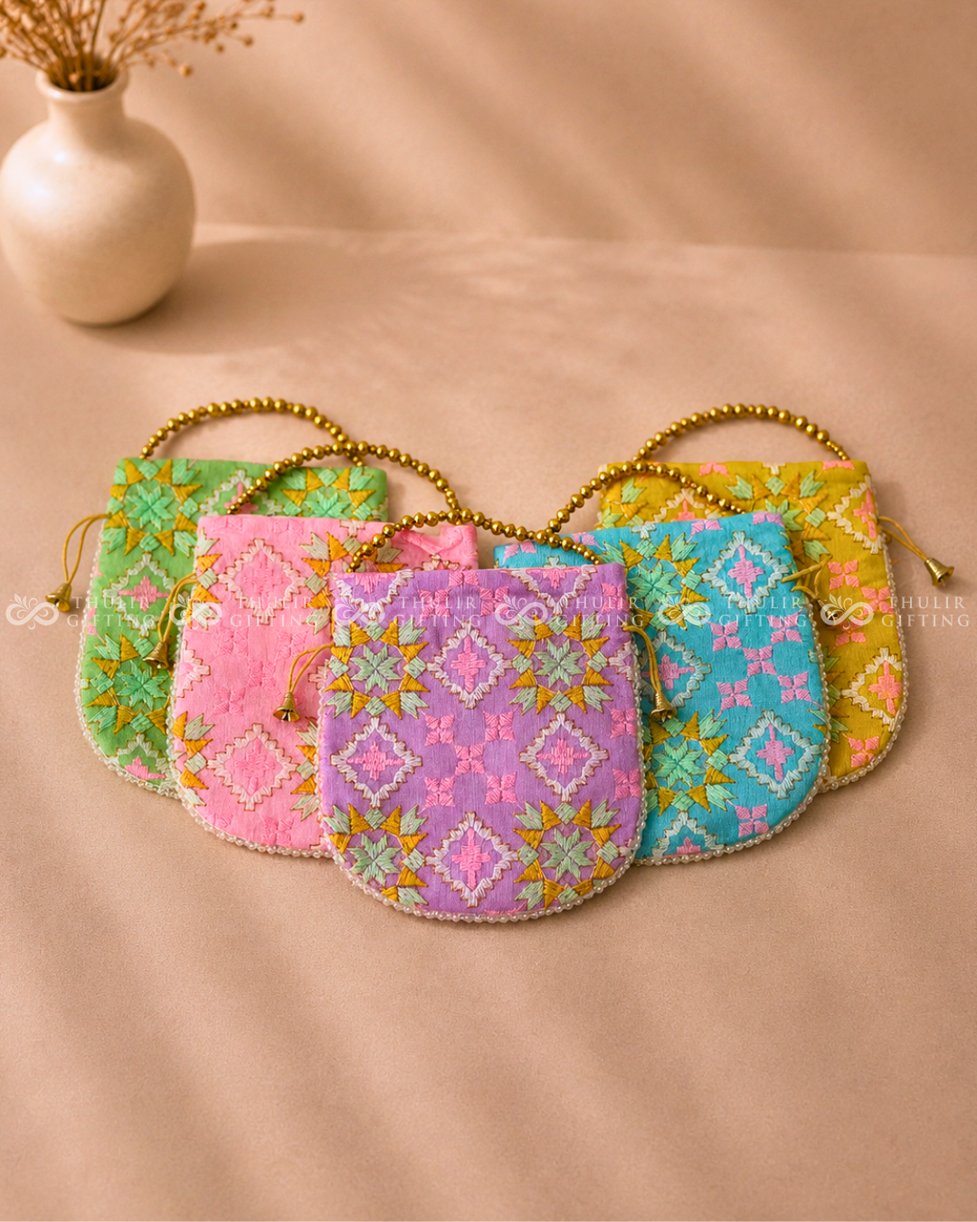 Designer Embroidery Potli Bag with Pearl Handle – Assorted