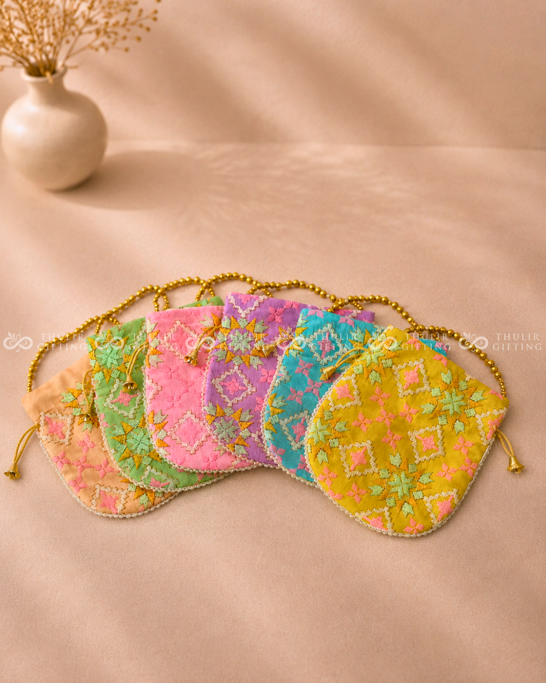 Designer Embroidery Potli Bag with Pearl Handle – Assorted