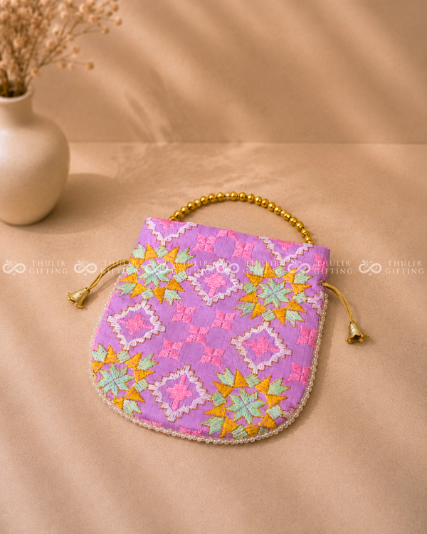 Designer Embroidery Potli Bag with Pearl Handle – Assorted