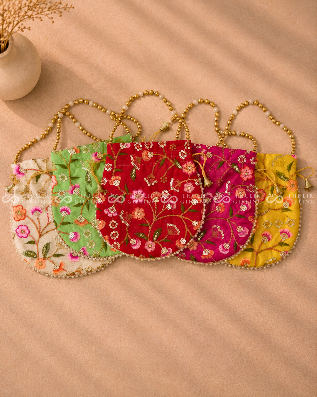 Embroidered Potli Bag with Pearl Handle (Assorted )