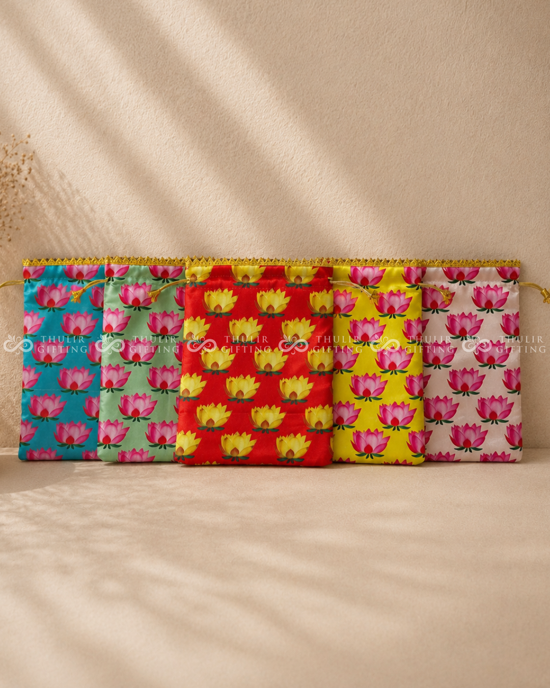 Lotus Printed Potli Bag - 9x7 Inches (Assorted )