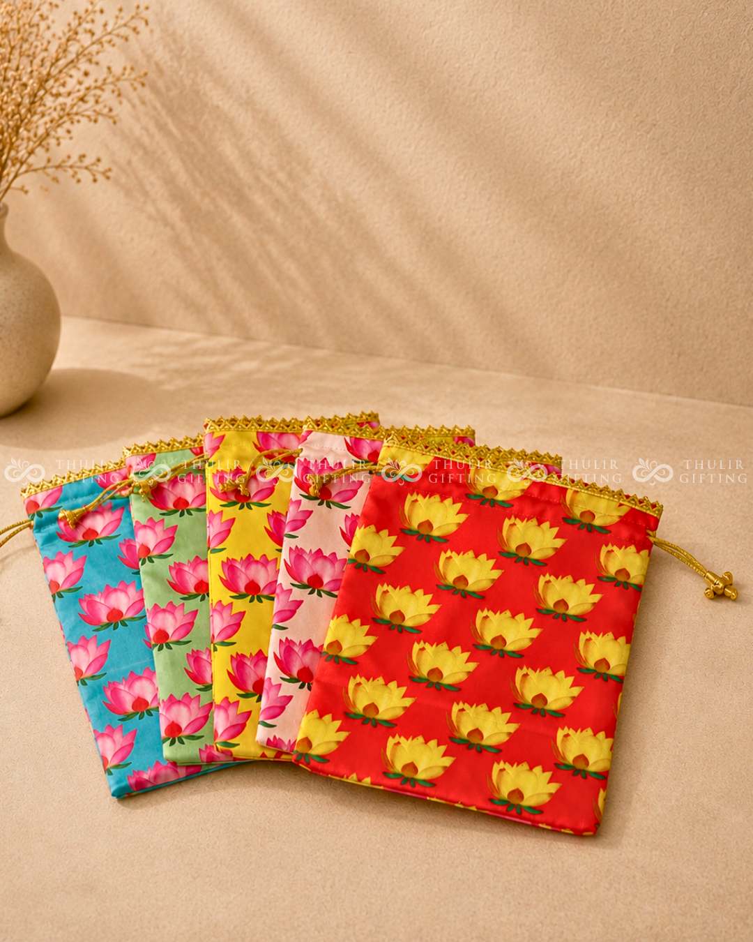 Lotus Printed Potli Bag - 9x7 Inches (Assorted )