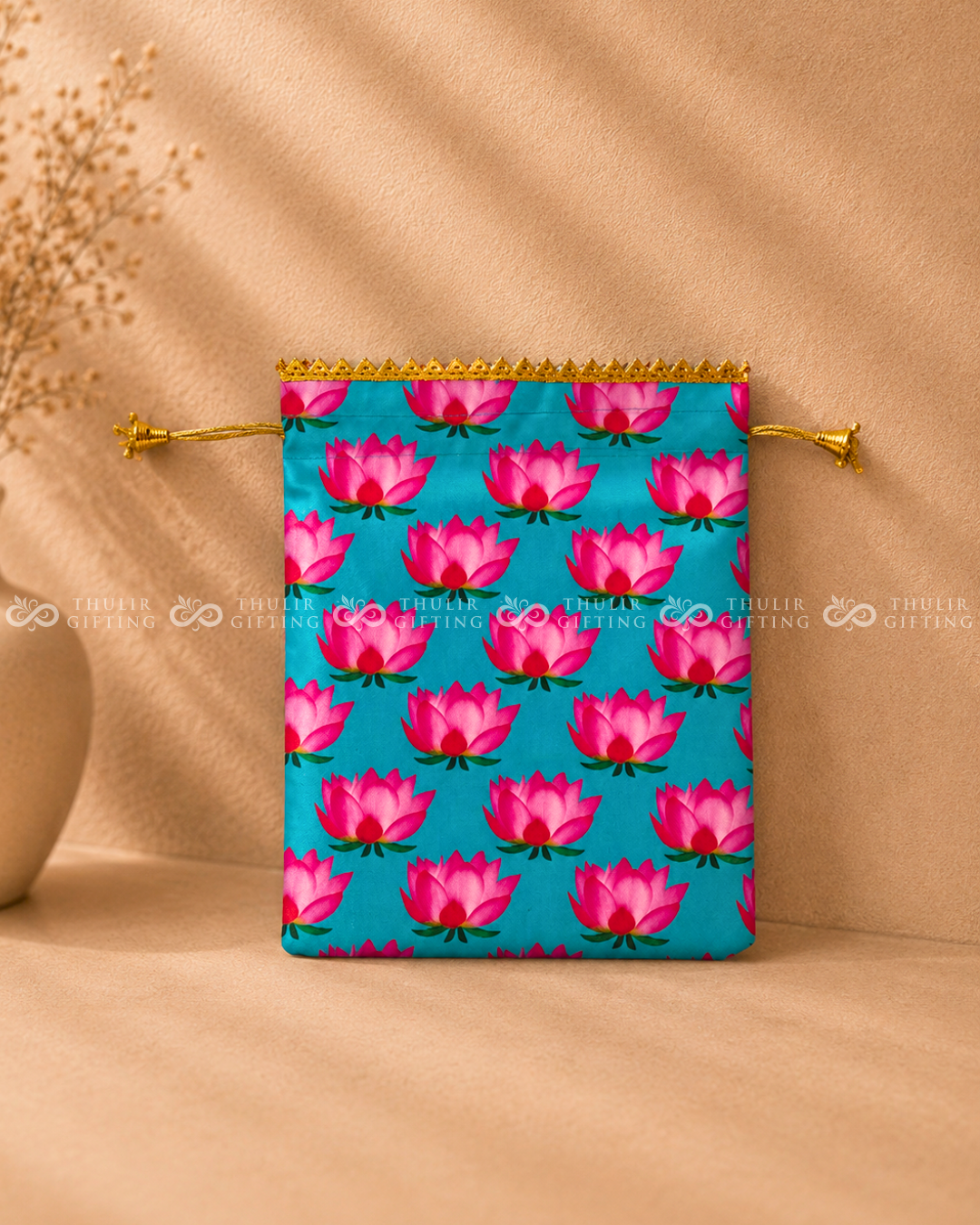 Lotus Printed Potli Bag - 9x7 Inches (Assorted )